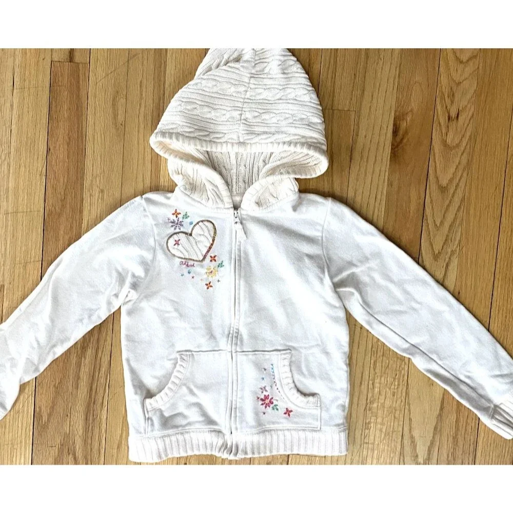 OshKosh B'gosh Girls 6X Hoodie White Zip Jacket Embroidered Floral Heart Cottage